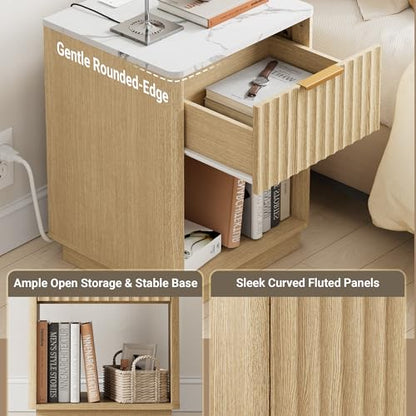 Fluted Nightstand, Night Stand Set 2, Nightstands Set of 2 with Charging Station and Faux Marble Top, Wooden End Table with Drawer, Modern Bedside Table for Bedroom Living Room, Natural Oak - color: Natural Oak + Faux Marble Top, size: 1 Drawer（18"W）