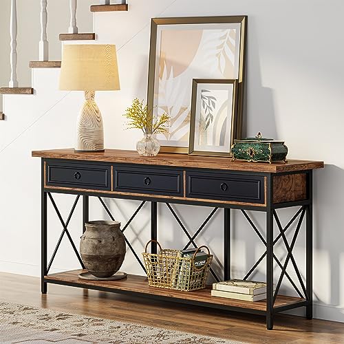 Tribesigns 70.8" Console Table with 3 Drawers, Farmhouse Entryway Table with Storage Shelf, Narrow Long Sofa Foyer Table for Entryway, Hallway (Brown/Black) - color: Brown/Black