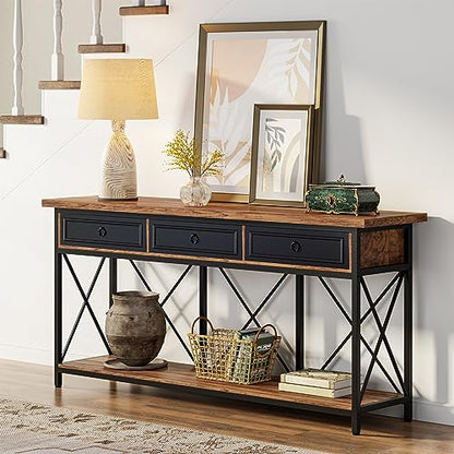 Tribesigns 70.8" Console Table with 3 Drawers, Farmhouse Entryway Table with Storage Shelf, Narrow Long Sofa Foyer Table for Entryway, Hallway (Brown/Black) - color: Brown/Black