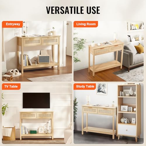 VEVOR Rattan Console Table with 2 Storage Drawers, Rattan Entryway Table with Natural Rattan Sliding Door, Console Sofa Table for Living Room, Study, Entryway Or TV Wall, Natural - size: 2 Drawers-Rectangular