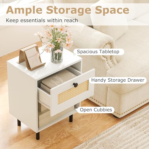 Giantex Rattan Nightstand with Drawer, Modern Bed Side Table w/ 4 Metal Legs and Open Storage Shelf, Wood Boho End Table for Small Spaces, White Night Stand for Bedroom Office - color: White