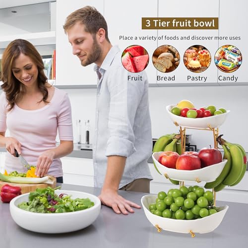 Elegant 3-Tier Ceramic Serving Bowl Set with Gold Stand, White Decorative Display Bowls for Fruits, Desserts, Appetizers