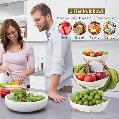 Elegant 3-Tier Ceramic Serving Bowl Set with Gold Stand, White Decorative Display Bowls for Fruits, Desserts, Appetizers