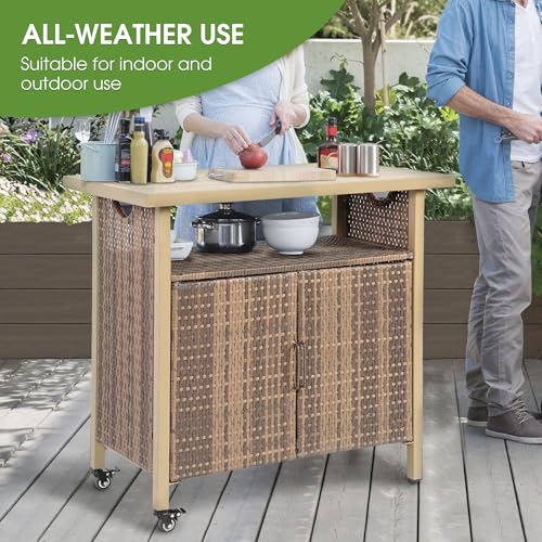 HOMEFUN Outdoor Bar Table with Storage Cabinet Patio Serving Carts on Wheels Wicker Grill Cart Prep Station Rolling Kitchen Island for Outside Backyard and Patio, Brown - color: 03-beige