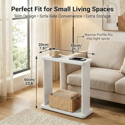 Narrow Side Table for Small Spaces, 7.9" Slim End Table with 2-Tier Open Storage Shelf, Modern Skinny Wood Sofa Table for Living Room, Bedroom, Nightstand, Couch(White) - color: White
