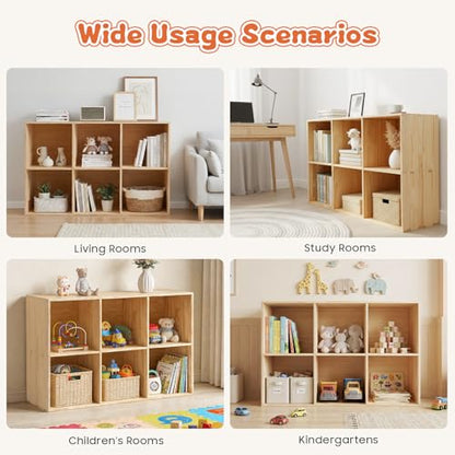 6-Cube Solid Wood Bookshelf, 3-Tier Storage Organizer Semi-Open Floor Display Shelf Closet Cabinet for Home Office Library School, 12" D x 35" W x 24" H - size: 6-Cube