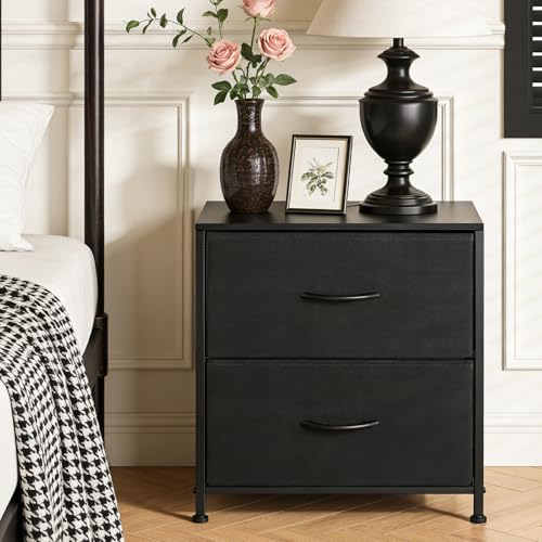 Fabric Nightstand with 2 Drawers, Small Night Stand Bedside Table with Two Drawer Dresser End Table for Bedroom Living Room Small Spaces, Wooden Top - color: Black