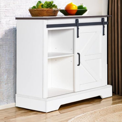 HOMFAMILIA 31.5" H Farmhouse Coffee Bar Cabinet w/Storage, White Kitchen Coffee Station with Sliding Barn Door, Rustic Buffet Cabinet with Adjustable Shelves, for Kitchen, Living Room, White - color: White