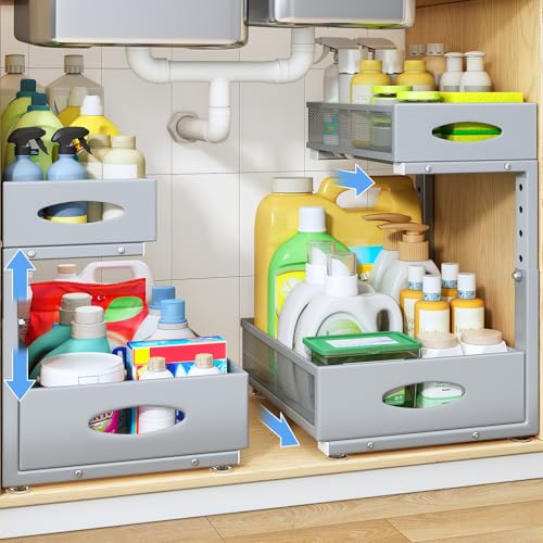 Under Sink Organizer, 2 Pack 2 Tier Pull Out Under Cabinet Organizer Shelf with Pad for Framed Cabinets, Metal Slide Out Under Sink Storage, Mesh Sliding Drawers for Kitchen Bathroom Laundry, Grey - color: Grey, size: 2-Pack
