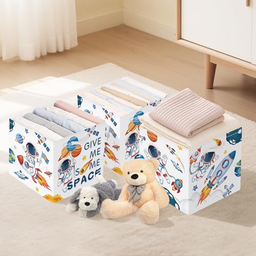 Clastyle 3 pcs 11.8'' Outer Space Storage Basket for Shelves with Metal Frame Large Rocket Astronaut Clothes Toy Book Cube Bin for Bedroom Playroom,White - color: Rocket Astronaut