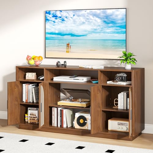 59'' Fluted TV Stands for Living Room, Modern Entertainment Center with Storage, TV Stand for TVs up to 65 Inch with Adjust Shelves, Wooden Media Console Table (Walnut, Without Fireplace) - size: Without Fireplace