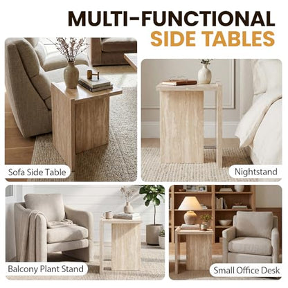 Hyfirm Modern Faux Travertine Side Table Small T-Shaped End Table | Space-Saving Accent Table with Travertine Finish Nightstand for Use Beside Sofa in Living Room Bedroom Apartments and Office - color: Beige