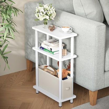 Apicizon Small Narrow Side Table, 3-Tier Skinny End Table with Fabric Basket, Slim Nightstand Bedside Table for Small Spaces, Living Room, Bderoom, White - color: White, style: Narrow Side Table with Basket