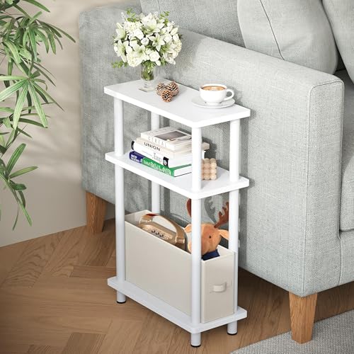 Apicizon Small Narrow Side Table, 3-Tier Skinny End Table with Fabric Basket, Slim Nightstand Bedside Table for Small Spaces, Living Room, Bderoom, White - color: White, style: Narrow Side Table with Basket