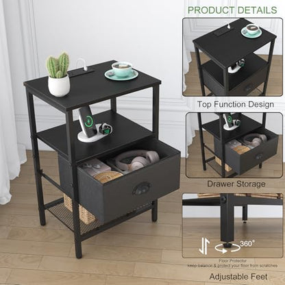 sthmec Nightstands Set of 2, LED Night Stands with Charging Station and Fabric Drawer, Bedside Tables with Drawers, 2- Tier LED Side Tables End Table Charging Station Bedroom, Black - color: Black, style: Power & LED