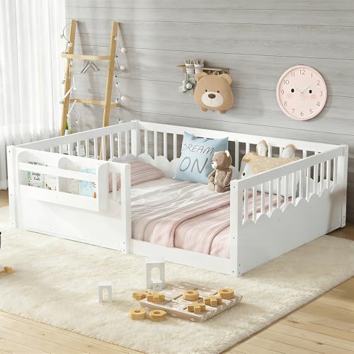 Bellemave Full Size Kids Floor Bed with Heightened Fence and Bookshelf, Wooden Full Montessori Bed Frame for Girls Boys, White - color: White Shelf, size: Full