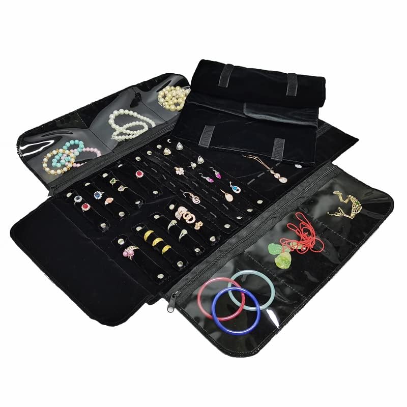 Velvet Travel Jewelry Case Roll Bag Organizer for Necklace Bracelet Earrings Ring - color: Black
