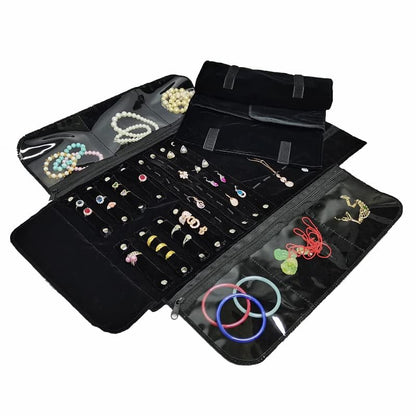Velvet Travel Jewelry Case Roll Bag Organizer for Necklace Bracelet Earrings Ring - color: Black