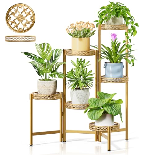 6 Tiered Plant Stand Indoor for Multiple Large Planter, Tall Heavy Duty Adjustable Folding Rack with Rustproof 7.9 Inch Wide Tray, Plant Shelf for Corner Living Room - GoldWave - color: GoldWave, size: 6-tiers