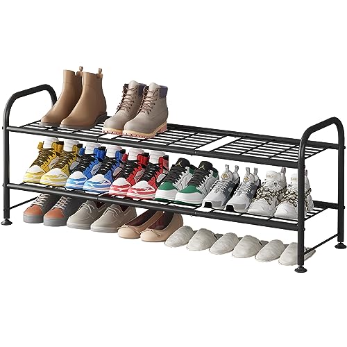 LINZINAR 2 Tier Long Shoe Rack for Closet Metal Shoe Organizer for Entryway | Spacious design stores 15+ pairs of shoes,durable metal frame,space-saving organizer for closet, hallway, and Entryway Black - color: Black, size: 2-Tier