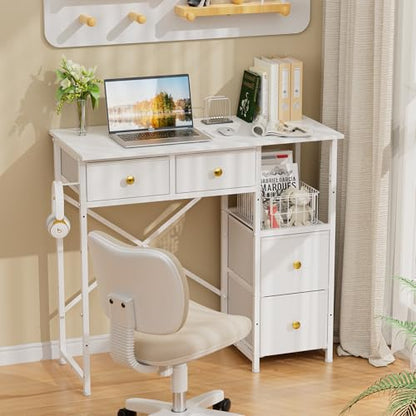 3IngSeagulls Small Computer Desk with 4 Fabric Drawers, Simple Writing Desk for Home Office, Compact Study Desks for Small Spaces, Kids Desk Study for Bedroom, White - color: White