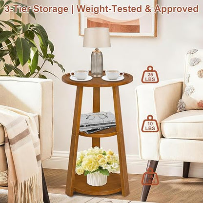 Small Round Side Table, Solid Wood 3-Tier End Table for Small Spaces, 13 Inch Compact Drink Table, Round Wood Side Table for Living Room & Bedroom, Amber Brown - color: Amber Brown