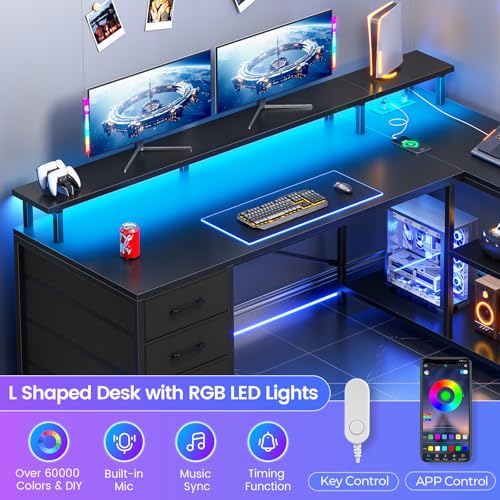 SEDETA L Shaped Gaming Desk with 4 Drawers, Shelves, Power Outlets, Black | L Shaped Desk with LED Lights , Computer Desk with Shelves & Drawer, Corner Desk Home Office Desk - color: Black