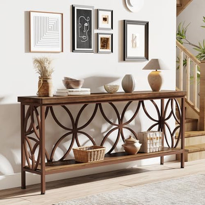 Tribesigns 70.9-Inch Narrow Sofa Table, Industrial Long Sofa Table Behind Couch, Entry Console Table with Storage for Entryway, Living Room, Foyer, Unique Design, Brown Glossy - color: Brown Glossy