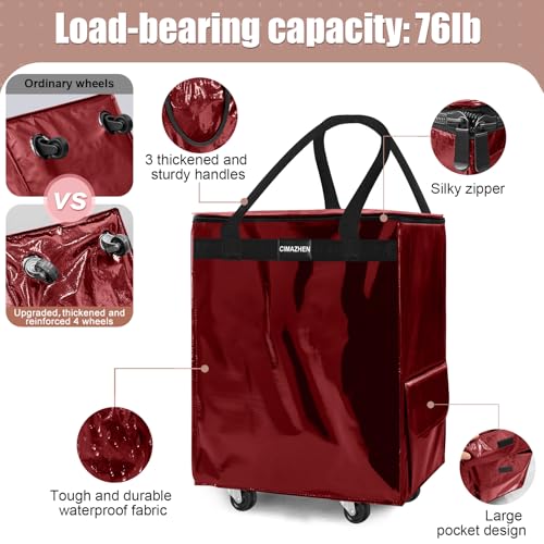 Reusable Grocery Bag Tote Bag with Wheels, Foldable Rolling Tote Bag with 3 Handles and Zipper - color: Red, size: Medium