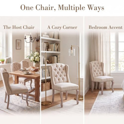 chairus Tufted Parsons Dining Chairs Set of 6, French Country Upholstered Dining Room Chairs with Nailhead Trim & Curved Wood Legs, Farmhouse High Back Armless Side Kitchen Chairs, Beige Linen - color: Beige