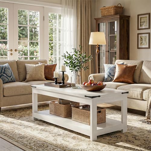 Homieasy 43.3” Rectangular Coffee Table with Storage Shelf, White | Farmhouse Wood Center Table for Living Room, Modern Black Tea Table with Open Shelf - color: White