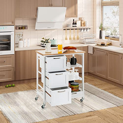 Giantex Kitchen Island Cart on Wheels with Storage, Bar Serving Cart with 3 Deep Drawers, Open Shelves & Removable Tray, Rolling Kitchen Trolley Cart for Home Kitchen, Dining Room, Bar, White - color: White