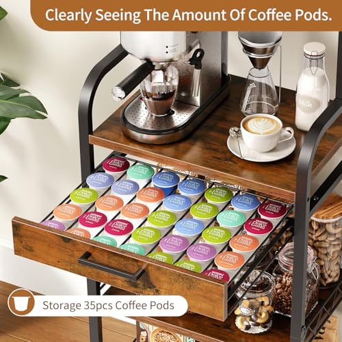 HavenlyYouth Coffee Station Organizer - 5 Tier Coffee Bar Cart with Wheels and Storage, Pod Drawers and 4 Hooks for k Cup Organizer, Tea Bar, Living Room, Kitchen,Office