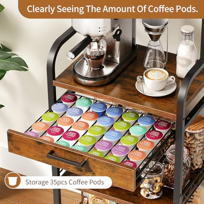 HavenlyYouth Coffee Station Organizer - 5 Tier Coffee Bar Cart with Wheels and Storage, Pod Drawers and 4 Hooks for k Cup Organizer, Tea Bar, Living Room, Kitchen,Office