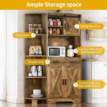 DWVO 67.3" Farmhouse Pantry with Power Outlet & Barn Door, Rustic Brown | Baker Rack Hutch Buffet Sideboard with Drawer, Microwave Stand for Dining Room - color: Rustic Brown
