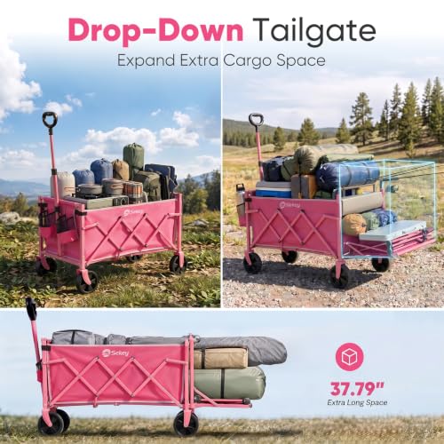Sekey Collapsible Wagon Cart with Drop-Down Tailgate, 300 lb Capacity - color: Pink, size: 300 lbs