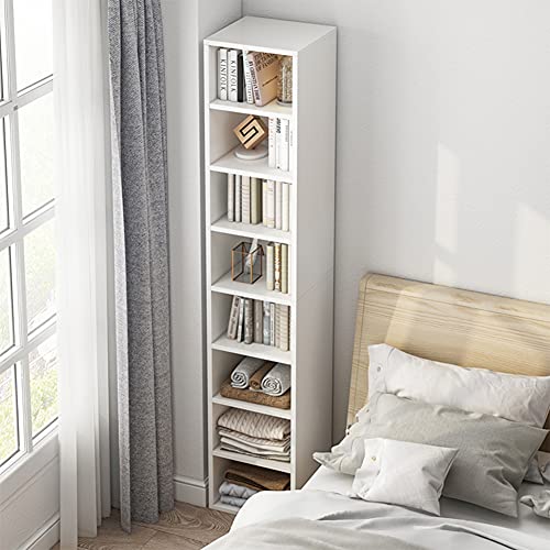 IOTXY Small Narrow Corner Bookcase - 47 Inches Tall Gap Freestanding Storage Cabinet, 5 Lattices Open Shelves Tower Rack, Cubes Bookshelf in Oak | Modern Minimalist Style, MDF Material, Adjustable Movable Shelves, 4 Latticed Tower Rack with a Door, Space-