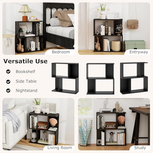 22’’ H Geometric Bookshelf, 2-Tier S-Shaped Floor Bookcase, Freestanding Open Display Book Shelf for Small Spaces, Low Side Table for Living Room & Bedroom (1, Black) - color: Black
