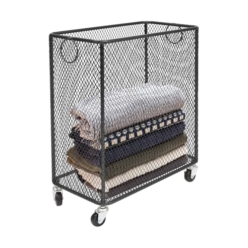 Metal Laundry Basket Cart, Rolling Laundry Hamper with Wheels, Freestanding Square Mobile Storage Cart, Raised Bottom, Round Handles, Hollow Mesh (Black, 16.9x9x17.7in) - color: Black, size: 16.9x9x17.7in