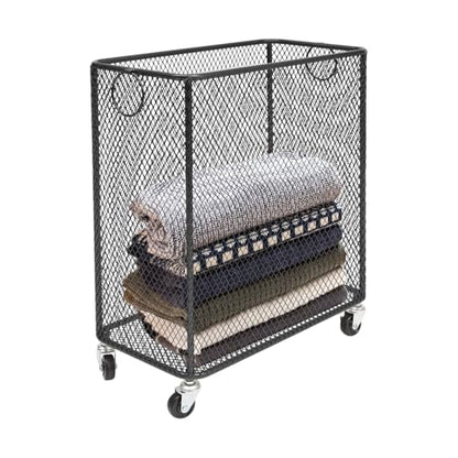 Metal Laundry Basket Cart, Rolling Laundry Hamper with Wheels, Freestanding Square Mobile Storage Cart, Raised Bottom, Round Handles, Hollow Mesh (Black, 16.9x9x17.7in) - color: Black, size: 16.9x9x17.7in