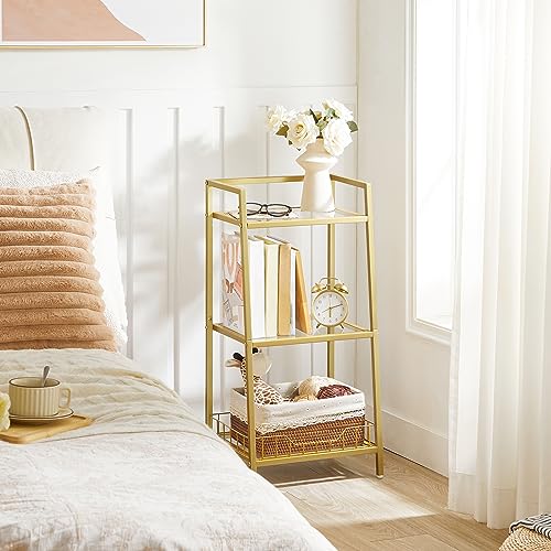 HOOBRO Gold Glass Shelf Stand, 3 Tier Standing Shelf Unit, Bathroom Organizer and Storage, Floor Storage Shelves Waterproof, for Bathroom, Laundry, Toilet, Tempered Glass, Gold GD77CJ01 - size: 15" L x 11.8" W x 30.3" H