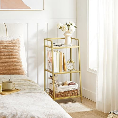 HOOBRO Gold Glass Shelf Stand, 3 Tier Standing Shelf Unit, Bathroom Organizer and Storage, Floor Storage Shelves Waterproof, for Bathroom, Laundry, Toilet, Tempered Glass, Gold GD77CJ01 - size: 15" L x 11.8" W x 30.3" H