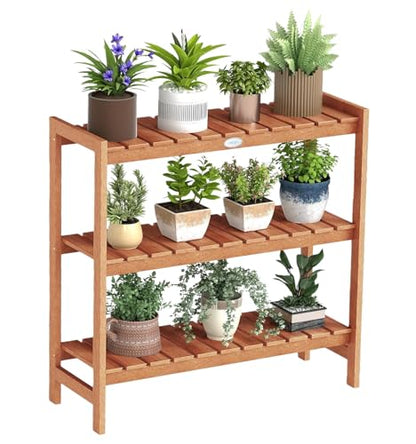 Giantex 3-Tier Plant Stand Indoor, Solid Wood Flower Pot Display Rack w/ Slatted Shelves, Take Oil Finish Bookshelf Shoe Rack, Indoor Outdoor Storage Shelf for Patio Garden Balcony Home Living Room Entryway - size: 13" x 36" x 35"
