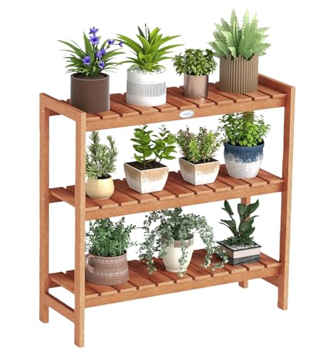 Giantex 3-Tier Plant Stand Indoor, Solid Wood Flower Pot Display Rack w/ Slatted Shelves, Take Oil Finish Bookshelf Shoe Rack, Indoor Outdoor Storage Shelf for Patio Garden Balcony Home Living Room Entryway - size: 13" x 36" x 35"