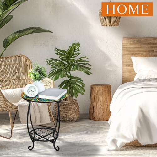 Cinnvoice Outdoor Side Table Round Small Mosaic Patio Accent Indoor End Plant Coffee Tea Table for Yard Patio Porch Garden Living Room, Bedroom(Butterfly Style,14 Inch) - size: 14 Inch, style: Butterfly Style