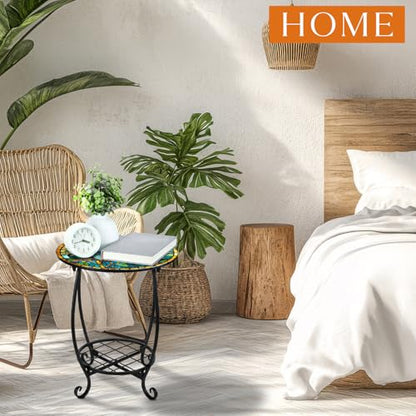 Cinnvoice Outdoor Side Table Round Small Mosaic Patio Accent Indoor End Plant Coffee Tea Table for Yard Patio Porch Garden Living Room, Bedroom(Butterfly Style,14 Inch) - size: 14 Inch, style: Butterfly Style