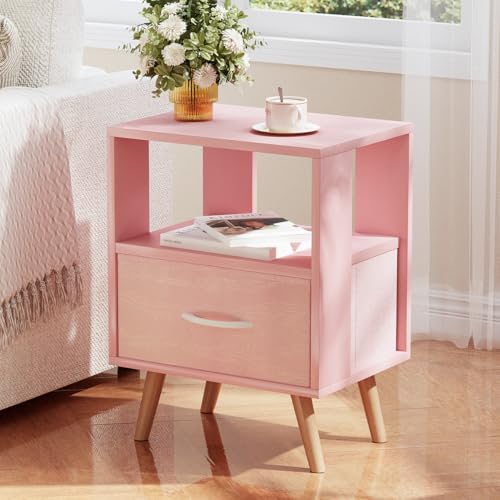 Huhote Kids Nightstand, 2-Tier Night Stand with Drawer, Modern Side Table for Bedroom, Study Room Small Spaces, Pink - color: Pink, size: 2-Tier with Drawer