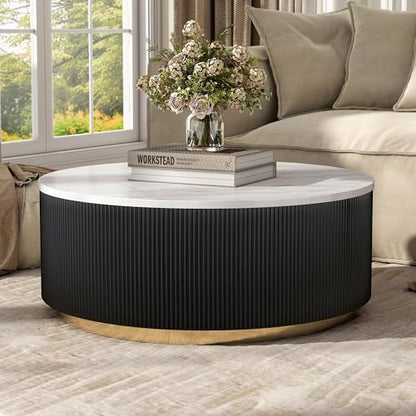 Furniture of America Beryl Modern Round White Genuine Marble Top Coffee Table with Fluted Pedestal Base and Gold Stainless Steel Accent, Low Profile Table for Living Room, Home Office, Black - size: Coffee table, style: Round