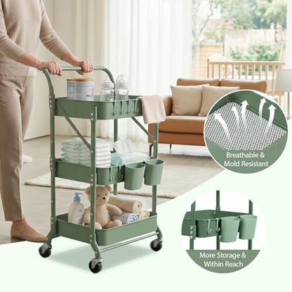 Amatic 3-Tier Folding Rolling Utility Cart with Wheels, Metal Foldable Storage Cart Organizer with 3 Hanging Cups & 6 Hooks for Kitchen, Office, Living Room, Nursery(Green) - color: Green