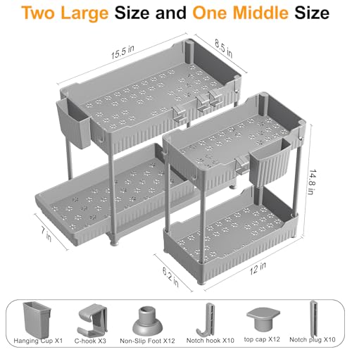 Sevenblue 3 Pack Under Sink Organizers, 2-Tier Multi-Use Kitchen and Bathroom Organizers and Storage with Sliding Drawers, Bathroom Cabinet Organizer (Gray, 14.8 Inch) | Multi-use kitchen & bathroom storage, 14.8 inch gray cabinet organizer, space-saving